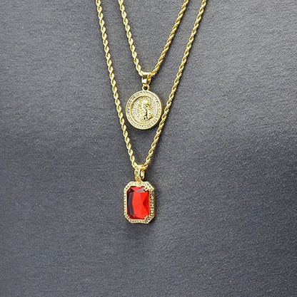 14k Gold Plated Medallion Jesus & Simulated Red Ruby 22"&27" Combo Pendant Chain Necklace