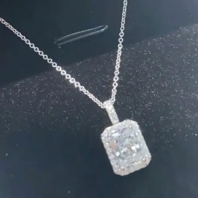 Trendy Silver Plated 4 Prong Setting Princess Cut Square Diamond Side Moissanite Necklace for Women Engagement Wedding Jewelry