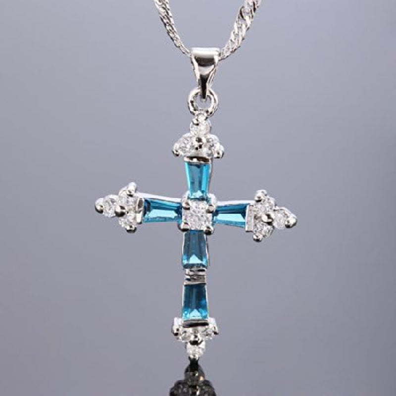 Cross Pendant with 18" Chain & Trapezoid round Cut CZ [Multi-Color] in White Gold Plated, Simple Modern Elegant