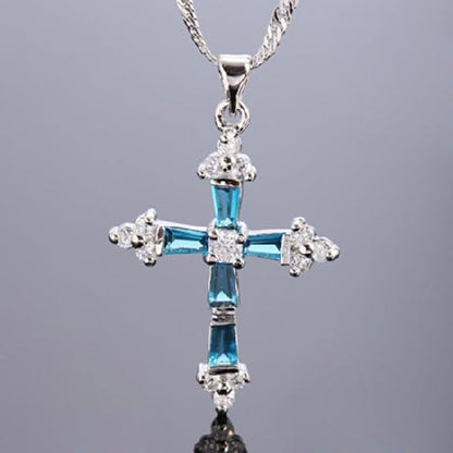 Cross Pendant with 18" Chain & Trapezoid round Cut CZ [Multi-Color] in White Gold Plated, Simple Modern Elegant