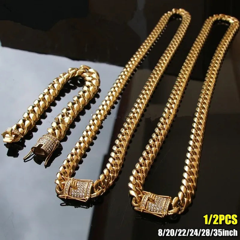 Men's Fashion 24K Gold/925 Silver Plated Solid 316L Stainless Steel Jewelry Shiny Diamond 1/2PCS Necklace Bracelet Miami Cuban Link Chain for Men 8/20/22/24/28/35inch