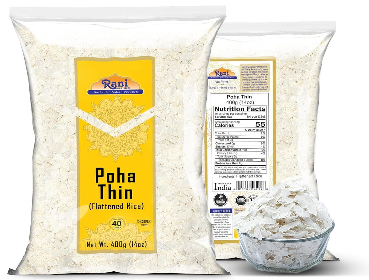 Rani Poha (Powa) Thin Cut (Flattened Rice) 14Oz (400G) ~ All Natural, Salt-Free | Vegan | Kosher | No Colors | Gluten Friendly | Indian Origin