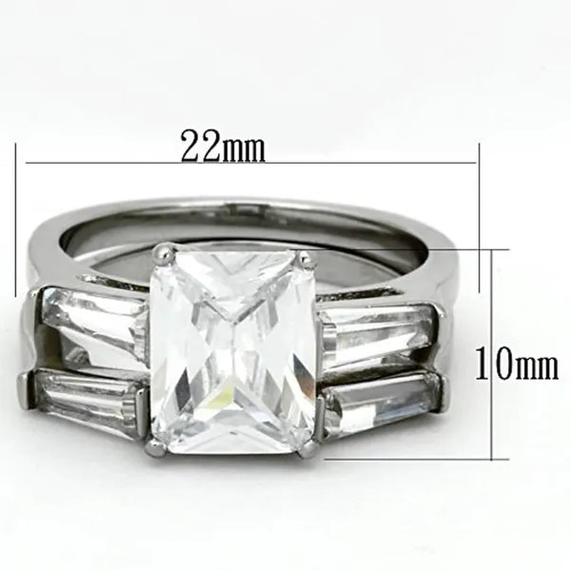 Women'S Stainless Steel 316 Emerald Cut Zirconia Engagement Wedding Ring Set Size 5-10