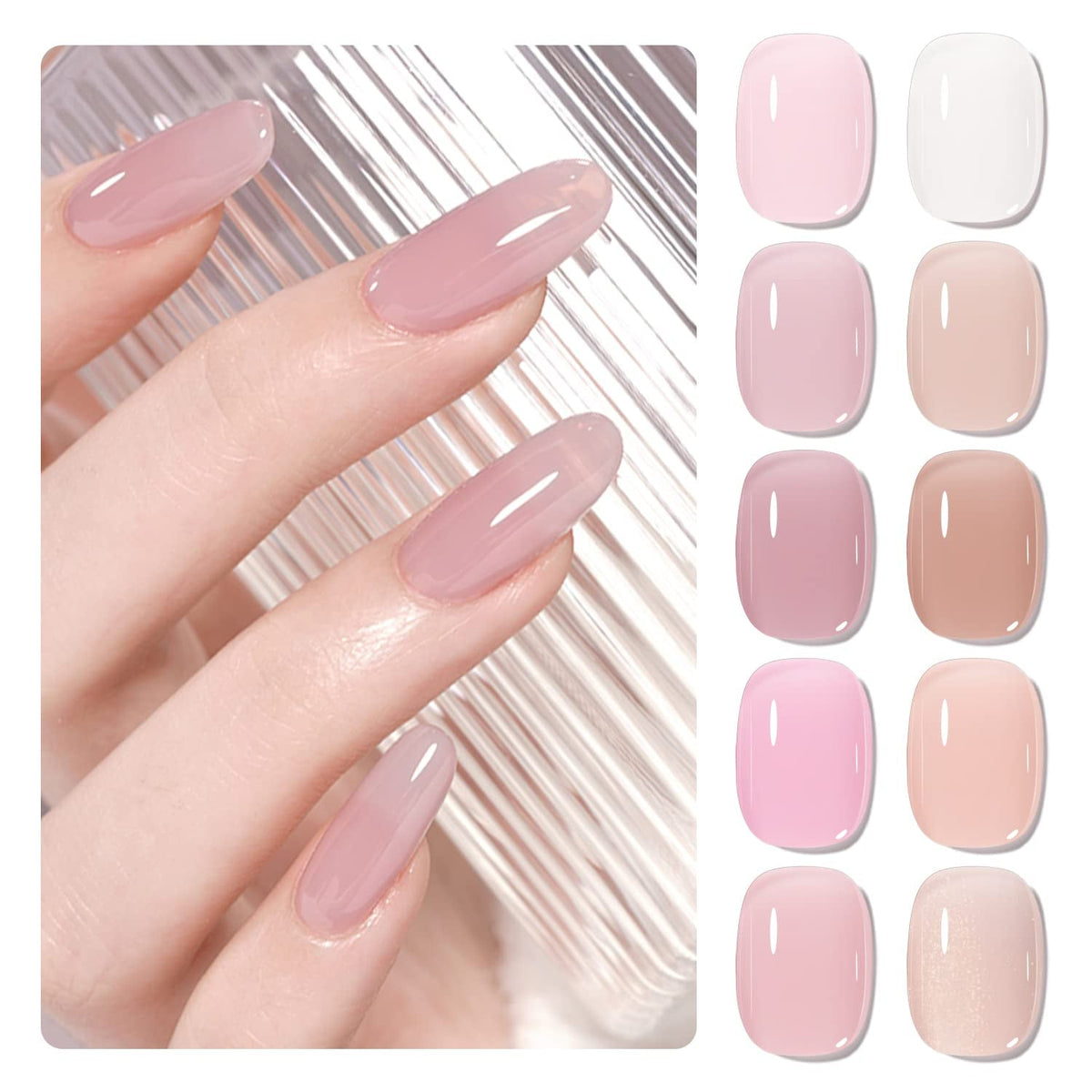 Jelly Nude Gel Nail Polish Set, 10Pcs Sheer Milky White Pink Transparent Gel Polish Kit UV LED Nail Gel Polish Colors Varnish Nail Art DIY Salon 7ML