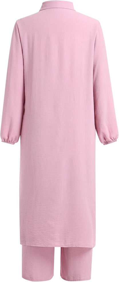 Women'S Muslim 2 Pieces Sets Long Sleeve Button down Shirt and Pants Abaya Casual Dress Dubai Outfits
