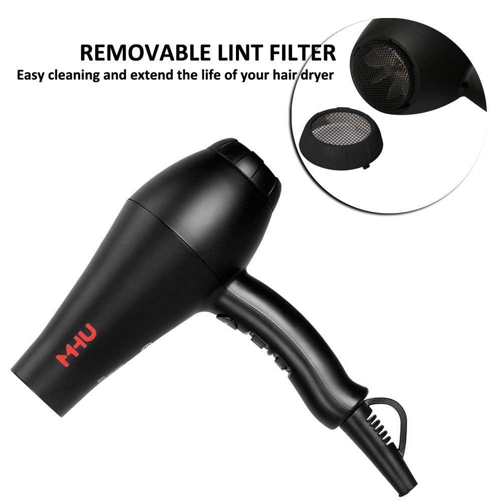 MHU Professional Salon Grade 1875W Low Noise Ionic Ceramic Ac Infrared Heat Hair Dryer plus One Concentrator and One Diffuser Black Color