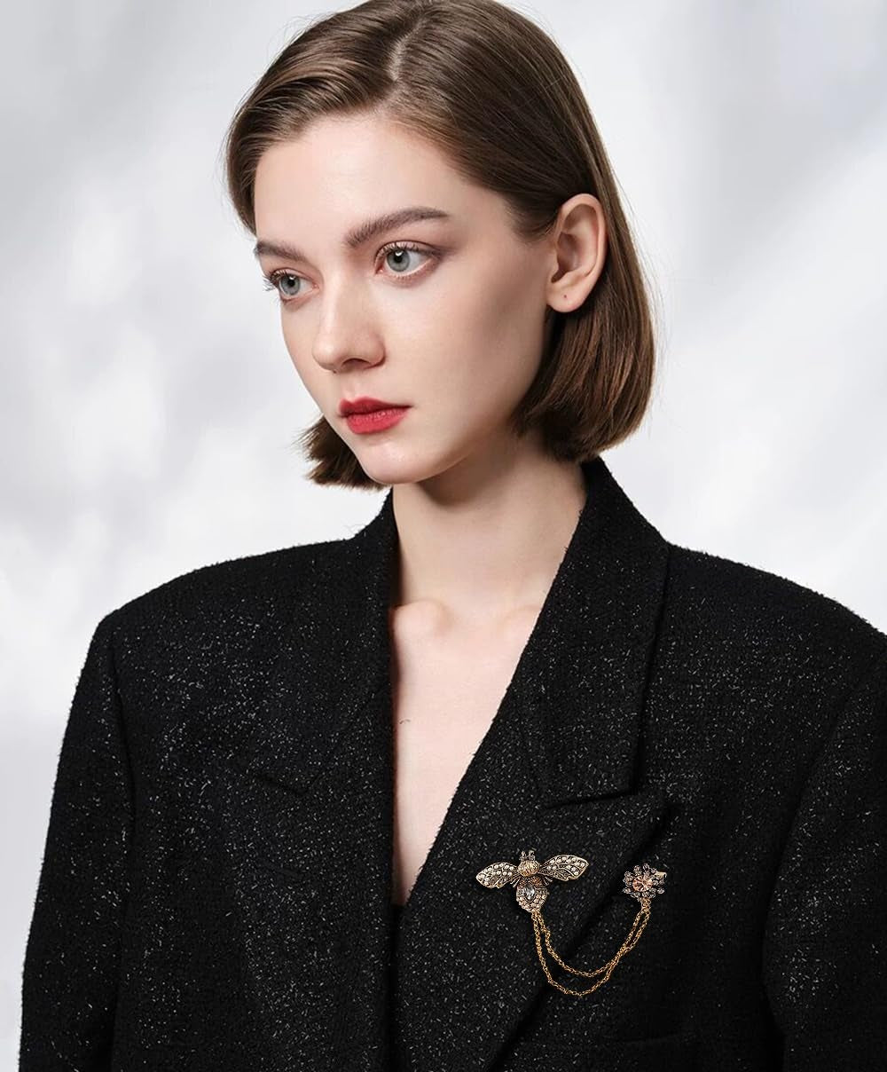 Antique Honey Bee Long Chain Collar Brooch Pin for Women Men Girls Crystal Rhinestone Flower Lapel Brooches Hanging Tassel Tie Pins Vintage Birthday Christmas Jewelry Gifts for Dress Suit Badges