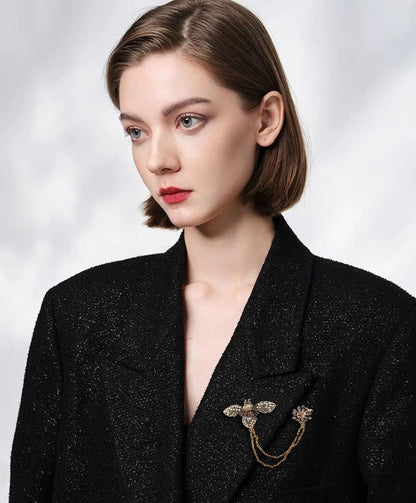 Antique Honey Bee Long Chain Collar Brooch Pin for Women Men Girls Crystal Rhinestone Flower Lapel Brooches Hanging Tassel Tie Pins Vintage Birthday Christmas Jewelry Gifts for Dress Suit Badges