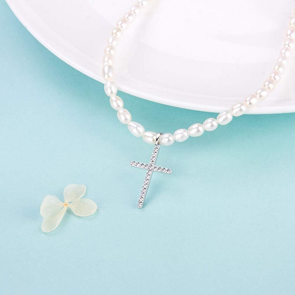 925 Sterling Silver Cross Pendant Freshwater Pearl Necklace for Women'S Pearl Strand Necklaces