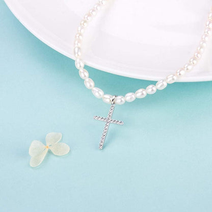 925 Sterling Silver Cross Pendant Freshwater Pearl Necklace for Women'S Pearl Strand Necklaces
