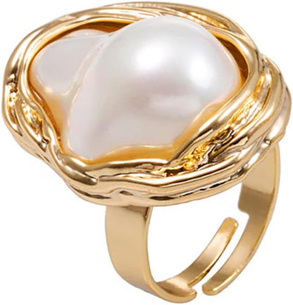 Baroque 18K Gold Pearl Statement Ring - Adjustable Chunky Pearl Wedding Jewelry for Women