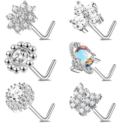 5/6Pcs 20G Nose Rings Stud L Shape Nose Rings Cubic Zirconia Butterfly Flower Eye Moon Heart Shape Nose Studs Piercing Jewelry for Women Men