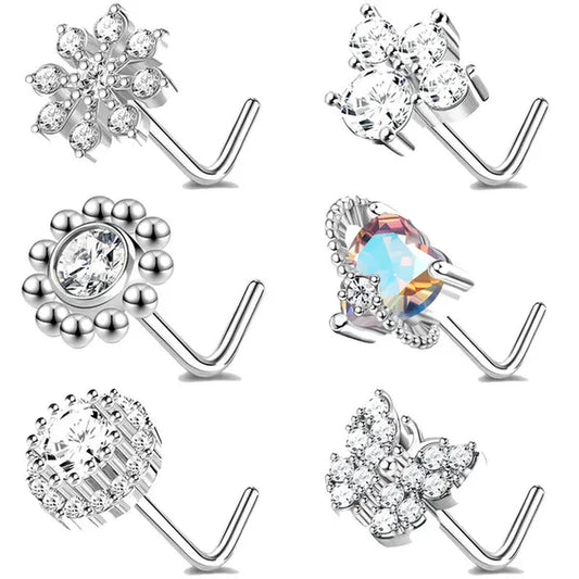 5/6Pcs 20G Nose Rings Stud L Shape Nose Rings Cubic Zirconia Butterfly Flower Eye Moon Heart Shape Nose Studs Piercing Jewelry for Women Men