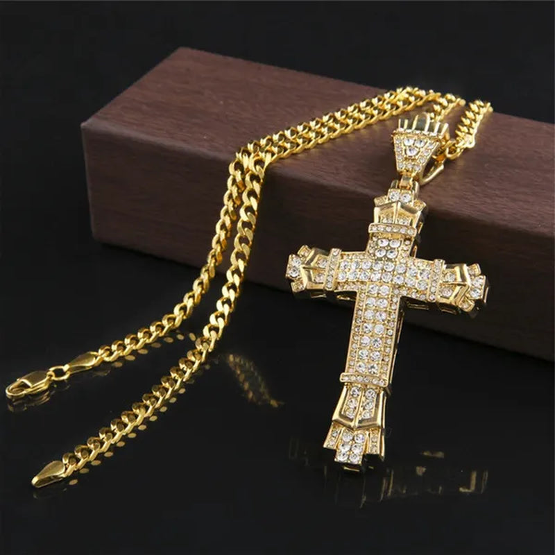 Diamond Miami Cuban Link 24K Gold / 925 Silver Plated Cross Pendant Stainless Steel Hip Hop Necklace