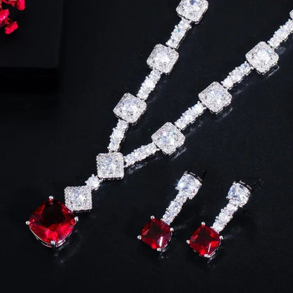 CANDICE Fashion Modern Bridal Party Jewelry White Cubic Zirconia with Exquisite Red Stone Square Drop Necklace Earrings Set for Brides