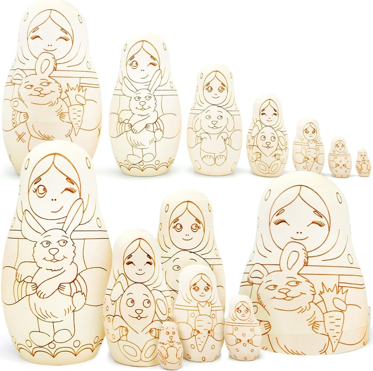 Blank Nesting Dolls - 7 Pcs DIY Wood Craft Kit - Unpainted Matryoshka Dolls - Adult, Nature, Small to Medium, Beige, Non-Foldable