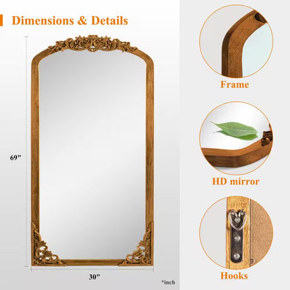 28 In. W X 67 In. H Classic Arch-Top Wood Framed Brown Full-Length Floor Mirror