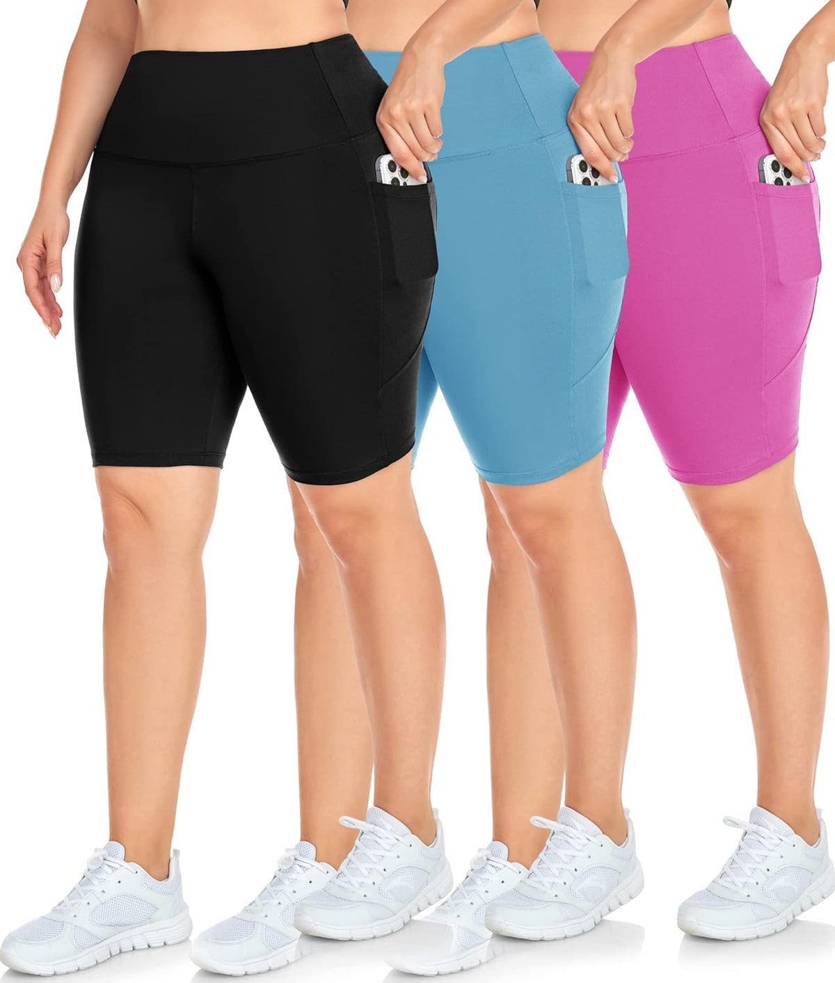 3 Pack plus Size Biker Shorts with Pockets for Women-High Waisted 8" Yoga Pants Workout Shorts