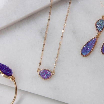 Humble Chic Simulated Druzy Pendant Necklace for Women with Sparkly Oval Stone - Gold, Silver, or Rose Gold Tone Chain - 16" with 3" Extender