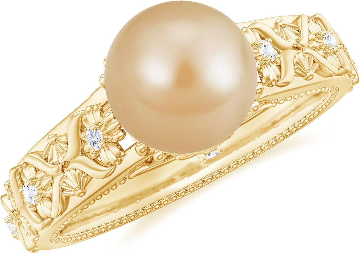 Real Golden Pearl Diamond Engagement Ring, AAA Quality, South Sea Pearl Flower Ring - Ready to Gift