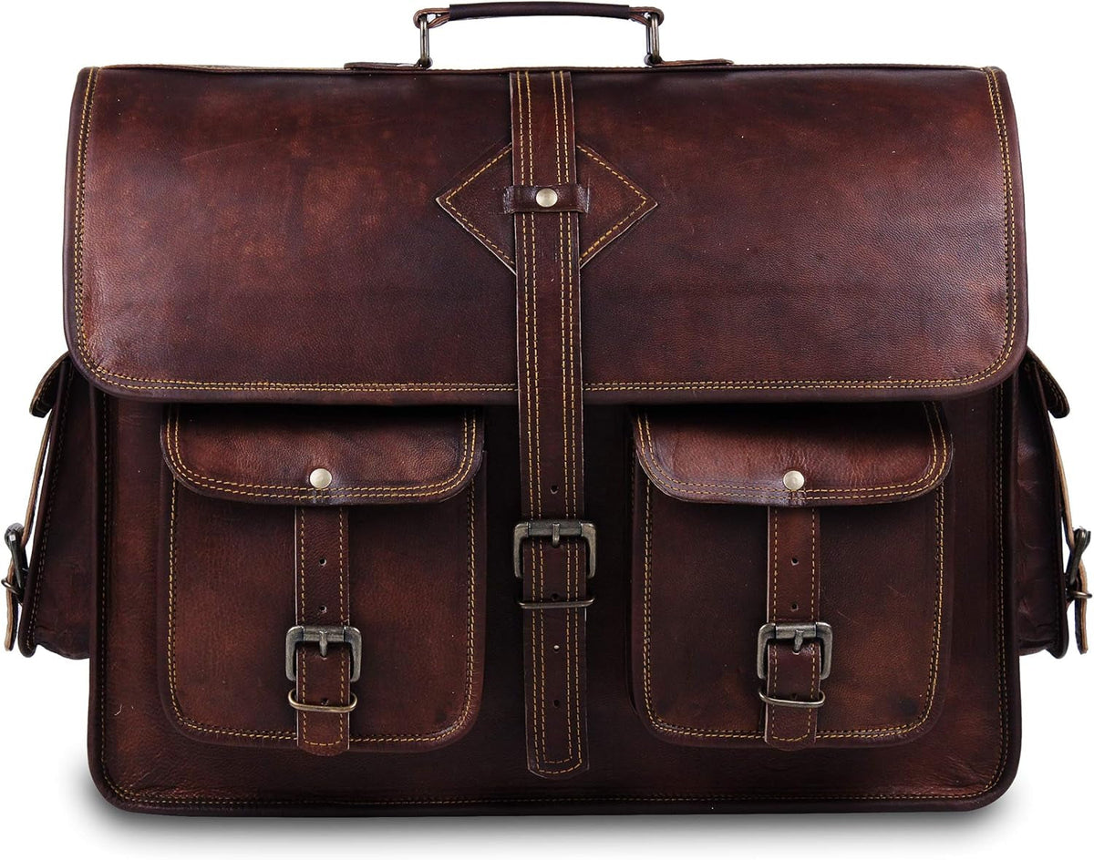 Vintage Leather Laptop Bag for Men Full Grain Large Leather Messenger Bag for Men 18 Inches with Rustic Look Brown Briefcase (Brown)