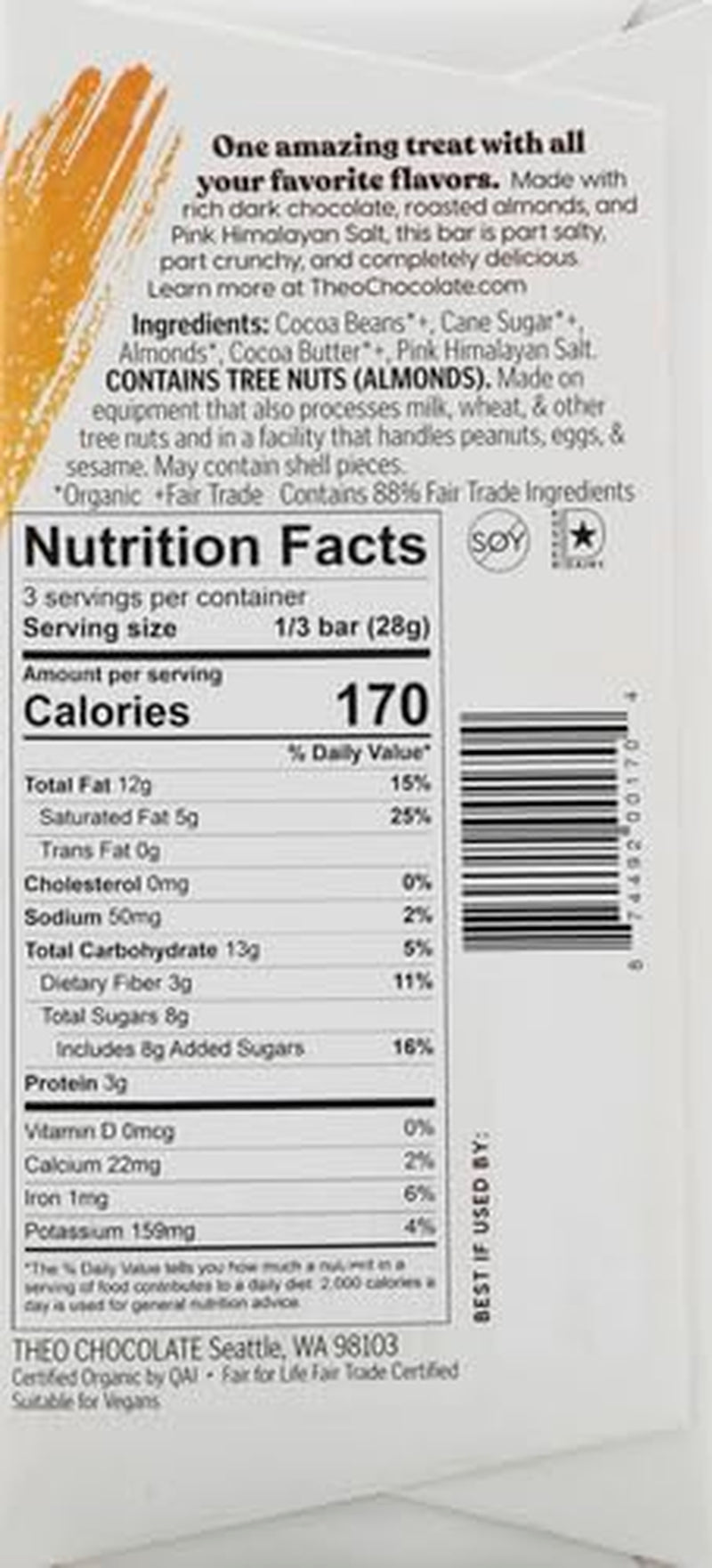 Salted Almond Organic Dark Chocolate Bar, 70% Cacao, 1 Bar | Vegan, Fair Trade