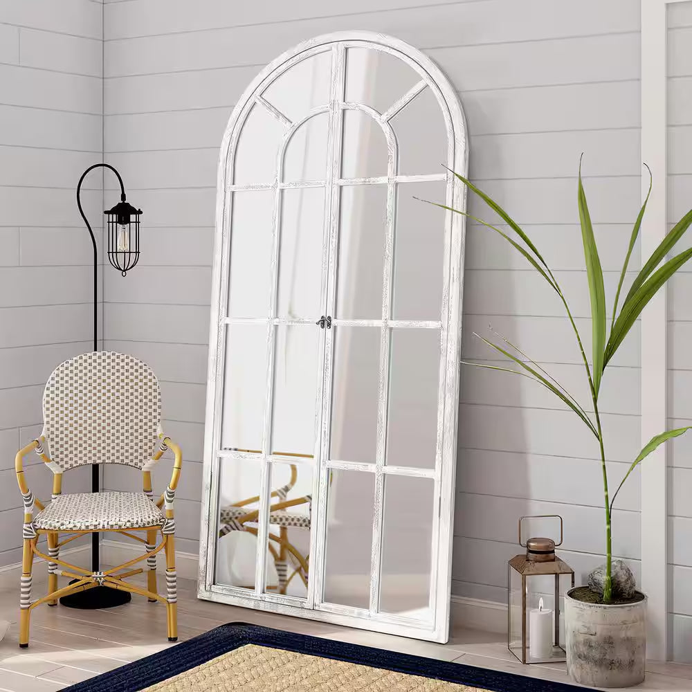 31.5 In. W X 71 In. H Oversize Classic Arched Solid Wood Framed White Floor Mirror