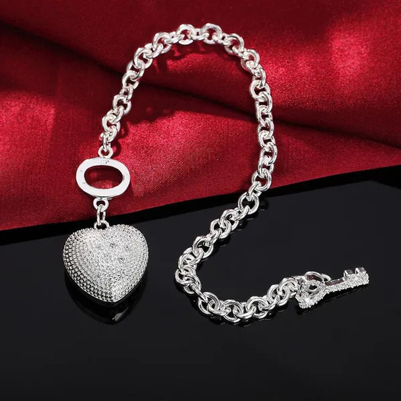 925 Sterling Silver Bracelet Jewelry Shiny Crystal Heart Key Bracelet for Women Christmas Gift
