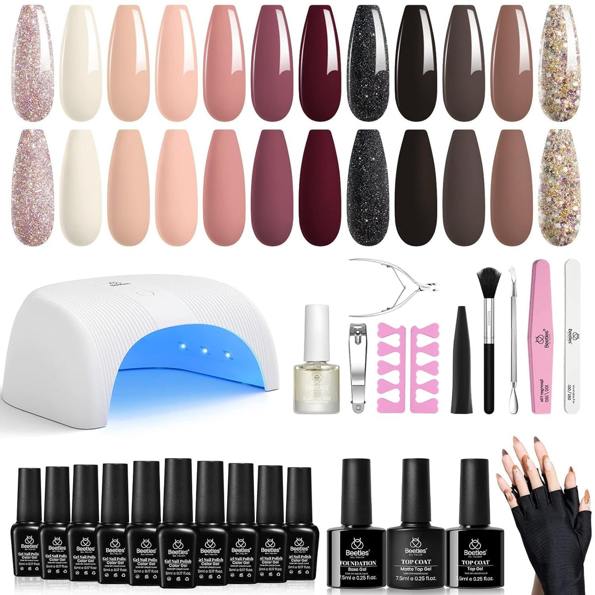 Beetles Gel Nail Polish Kit with 48W light 18 Pcs Gel Starter Kit,6 colors Nude Pink French White Glitter Gel Polish Soak Off Base Top Coat Gel Art Manicure Kit