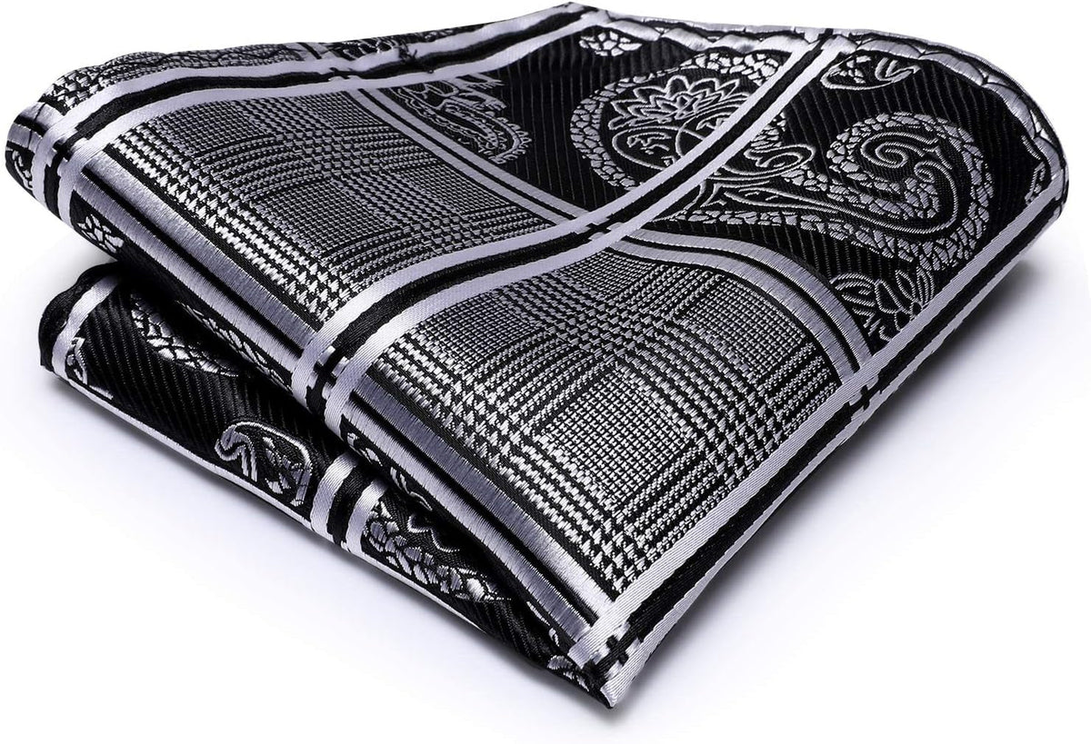 Mens Plaid Ties Classic Paisley Necktie with Handkerchief Cufflinks Set Business Stripe Tie