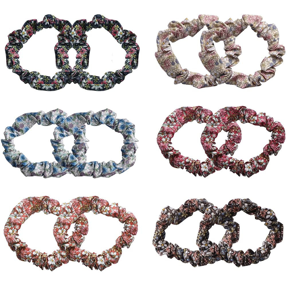 12Pcs Thin Floral Hair Ties, Soft Hair Scrunchies Elastic Hair Bands Floral Solid Ropes Ponytail Holder Stocking Stuffers for Women Girls