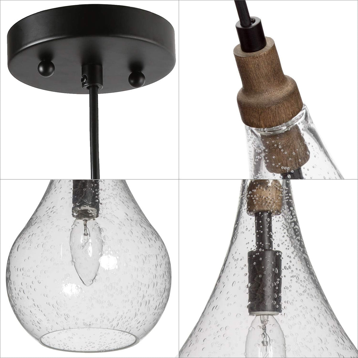Farmhouse Wood and Glass Pendant Lighting for Kitchen Island Bedroom, Dining Room, Entryway, Sink, Breakfast Nook