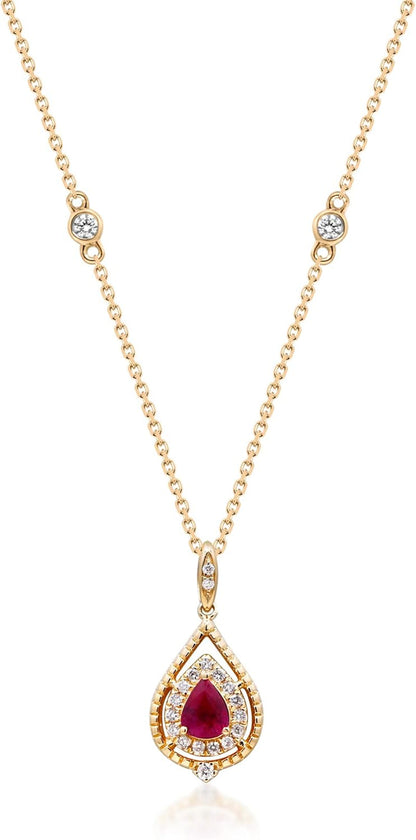Women'S 14K Yellow Gold Mozambique Genuine Hot Pink Ruby Pendant with Diamonds (Pear-Cut) Shaped (QA0940P-BY)