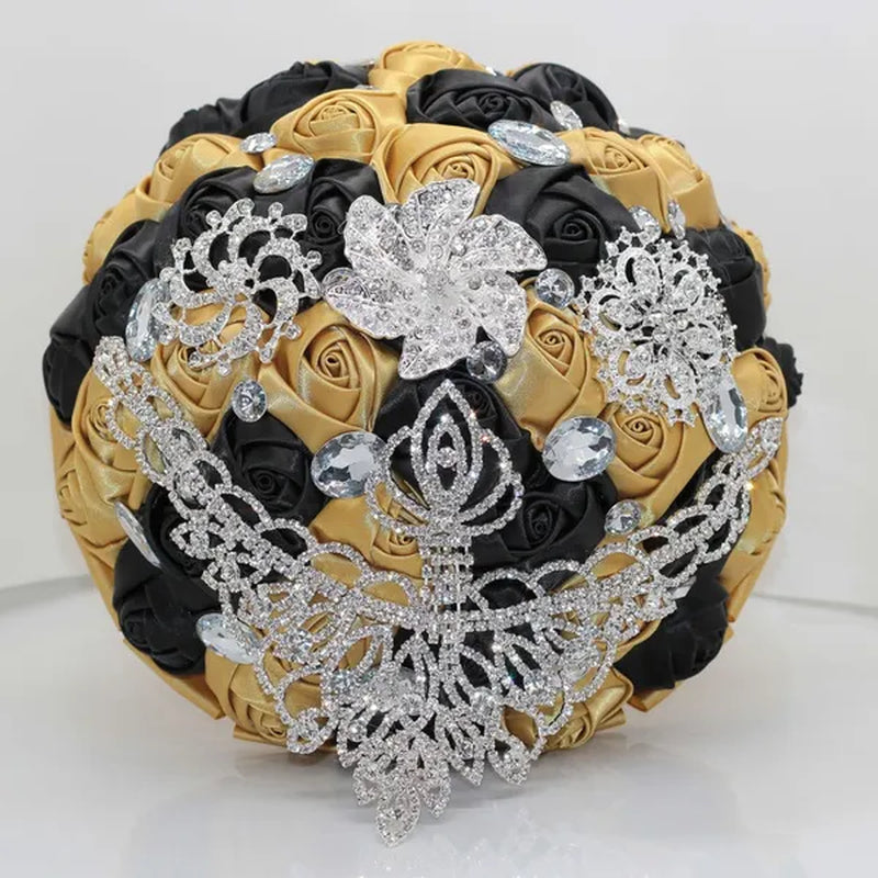 21CM Luxury Crystal Brooch Bridesmaid Bridal Bouquet Shiny Rhinestone Tassel Wedding Flower Bouquet Ribbon Silk Rose Artificial Flower Wedding Supplies