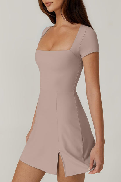 Womens Square Neck Tennis Dress Short Sleeve Built in Shorts Golf Athletic Dress with Pockets