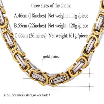 Men‘s Fashion Necklace Stainless Steel Silver Gold Box Byzantine Chain Necklace 18inch-26inch