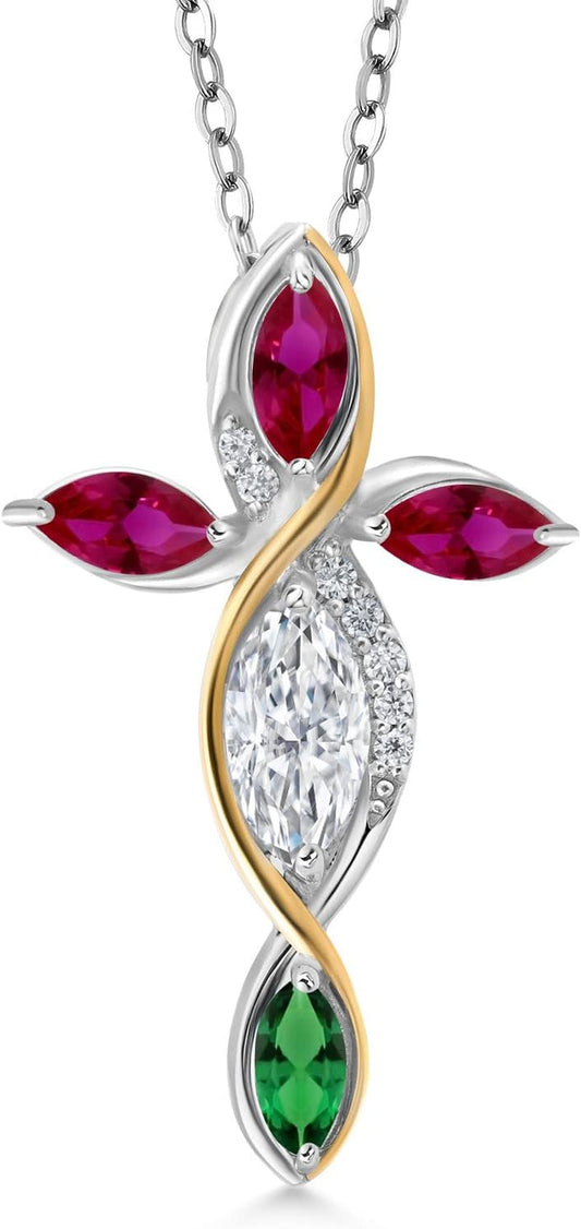 Cross Necklace for Women in 925 Silver and 10K Yellow Gold with Moissanite and Created Ruby and Nano Emerald | 1.62 Cttw | Jesus Christian Religious Crucifix | Marquise 8X4MM | with 18 Inch Chain