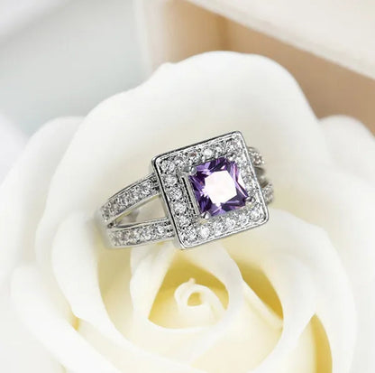 Trendy Silver Color Classic Purple Zircon Women's Ring Bridal Wedding Anniversary Christmas Gift Beach Party Jewelry Size 6-10 Bague Femme