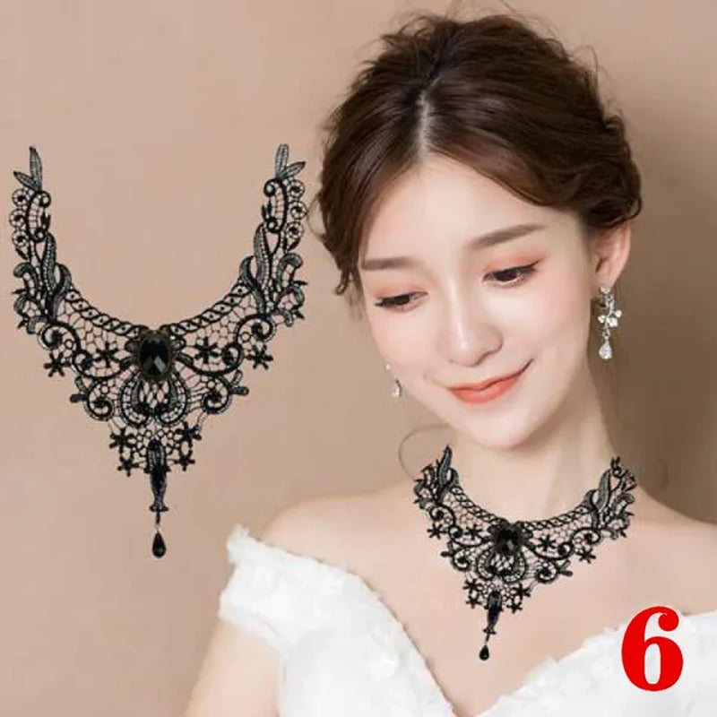 1 PCS Black Lace Necklace Chokers Vintage Style Female Gothic Wedding Red Rose Crystal Diamond Pendant Collarbone Necklace Chain Accessories for Women Girls(10 Style)