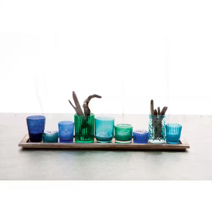 Blue and Green Glass Candle Holders on a Wood Tray (Set of 9)
