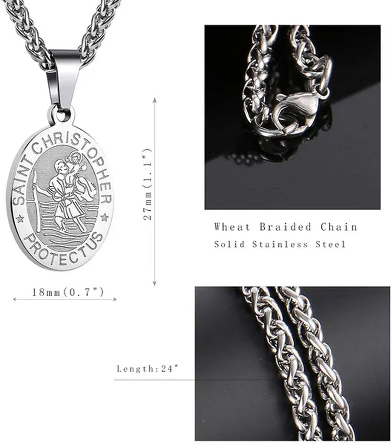 Religious Catholicism Amulet Oval Saint Christopher Necklace for Men Women, 316L Stainless Titanium Steel Catholic Patron Saint of Travellers St Christopher Pendant with Chain 23.6 Inches Black / Silver / Gold