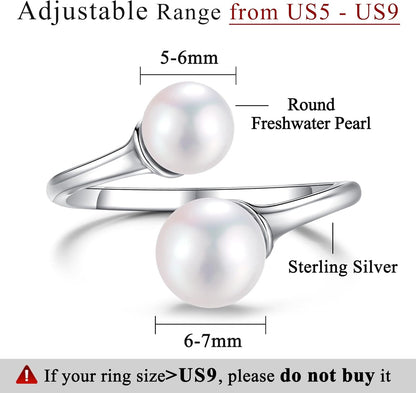 2 Pearl Ring Sterling Silver Double Pearls Rings for Women 925 Adjustable Open June Birthstone Rings for Teen Girls with Real round Genuine Freshwater Cultured Stackable