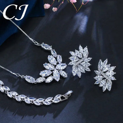 CANDICE Gorgeous Luxury Zirconia Wedding Jewelry Set Elegant Marquise CZ Big Flower Pendant Necklace Stud Earrings Bracelet for Bridal
