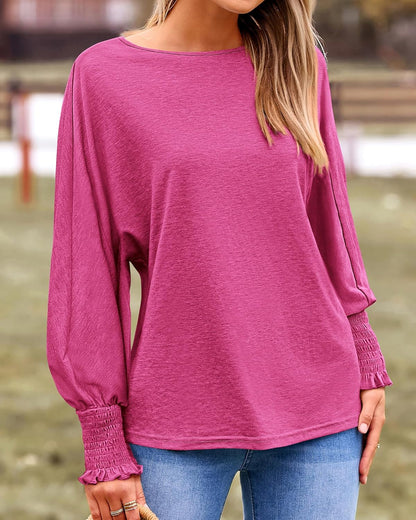 Womens Long Sleeve Tops Fall Outfits 2024 Dressy Casual Crew Neck Tee Shirts Smocked Loose Top Tunic Blouse