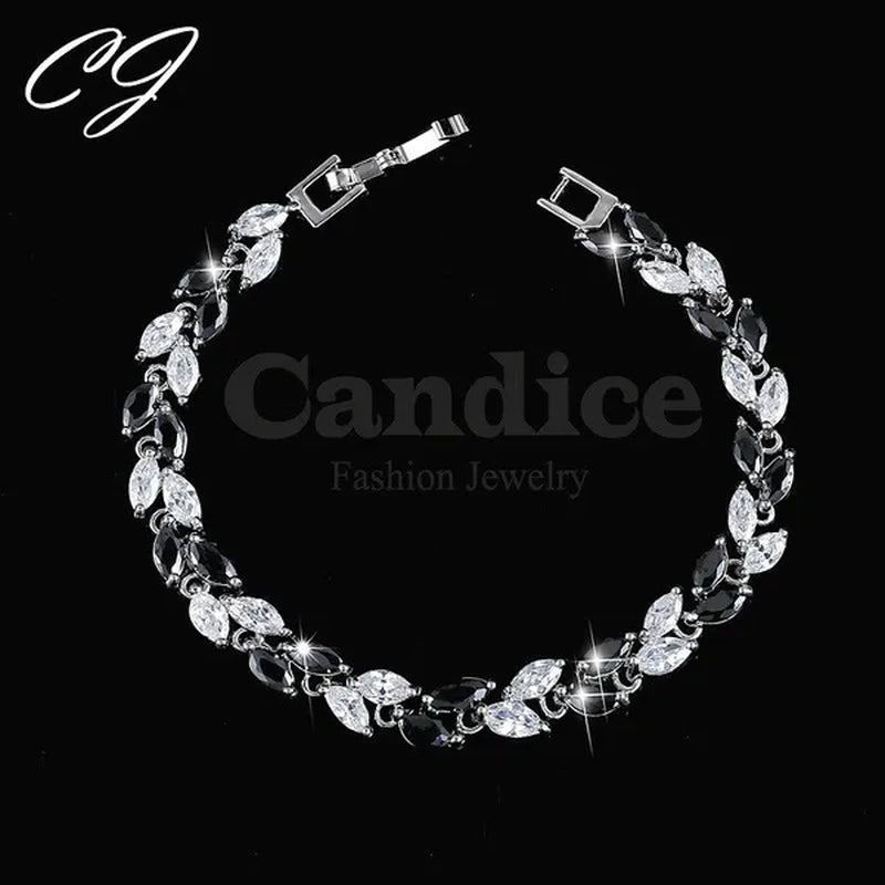 CANDICE 100% Real Silver Female Jewelry Simple Leaf Shape Multicolor Cubic Zirconia Strand Bracelet For Lady