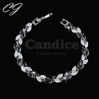 CANDICE 100% Real Silver Female Jewelry Simple Leaf Shape Multicolor Cubic Zirconia Strand Bracelet For Lady