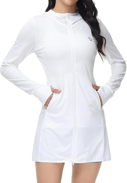 Women'S Long Sleeve Zip Beach Coverup UPF 50+ Sun Protection Hooded Cover up Shirt Dress with Pockets