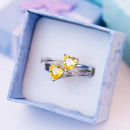 Fashion Elegance Silver Color Double Heart-Shaped Zircon Birthstone Bridal Princess Wedding Engagement Party Ring Size 5-11