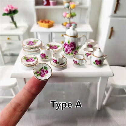 Mini Ceramics Tableware Tea Set with Cups Toy Doll House Accessories Ceramics Miniatures Scene 1:12 /1:16 Kids Toy