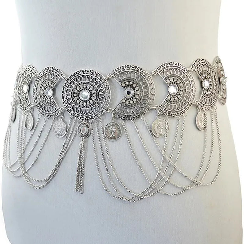 Women Belly Dance Belt Waist Metal Crystal Coin Tassel Body Chain Jewelry
